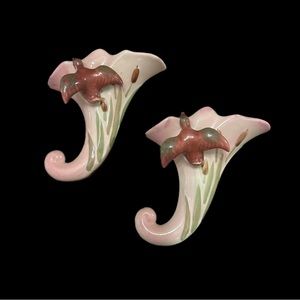 Vintage Zanesville Cornucopia Wall Pocket Duck & Cattails Patent 1948 Set of 2